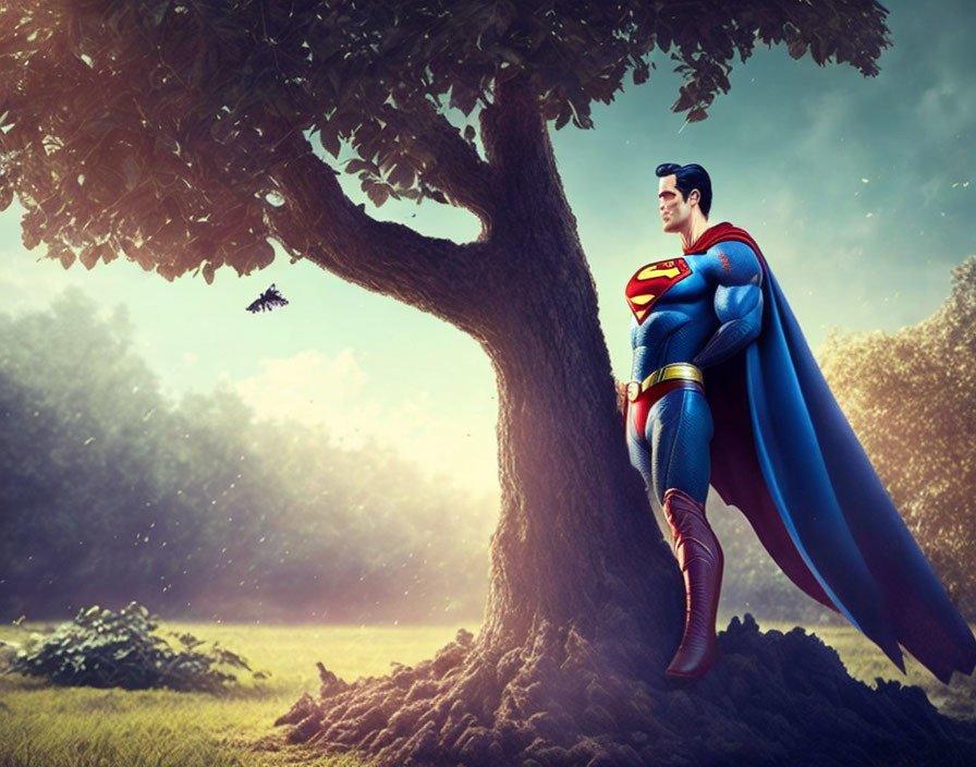 Superman next to a tree