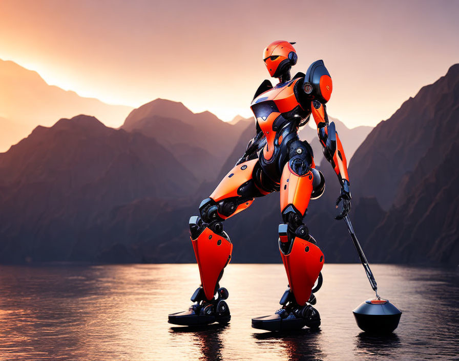 Orange and White Armored Humanoid Robot by Still Lake at Sunset