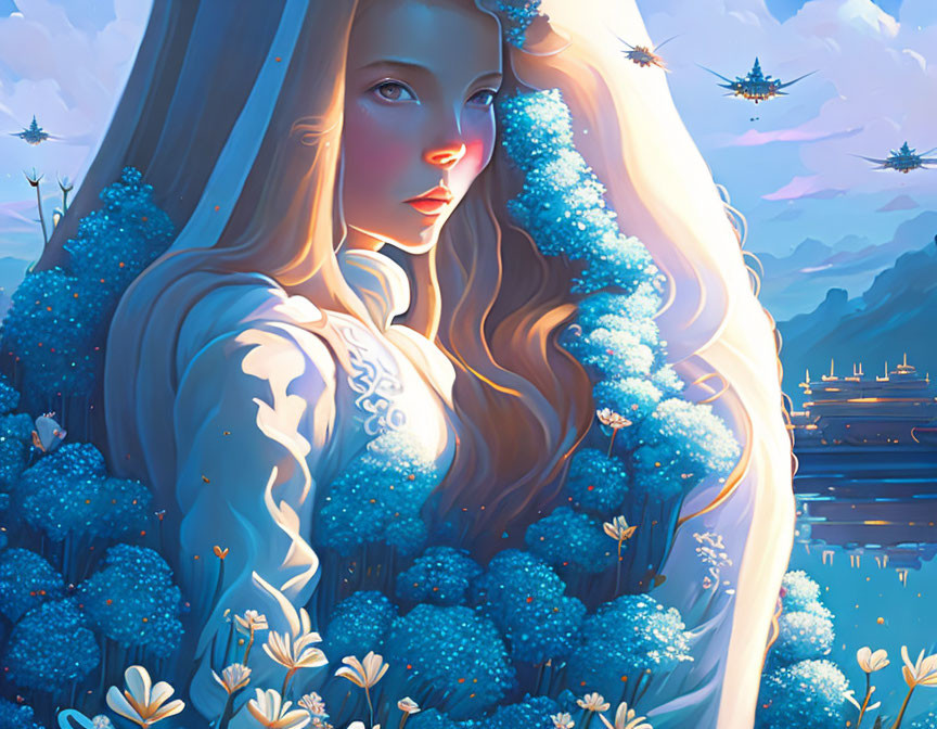 Illustrated Woman with Flowing Hair Among Blue Flowers and Fantasy Landscape