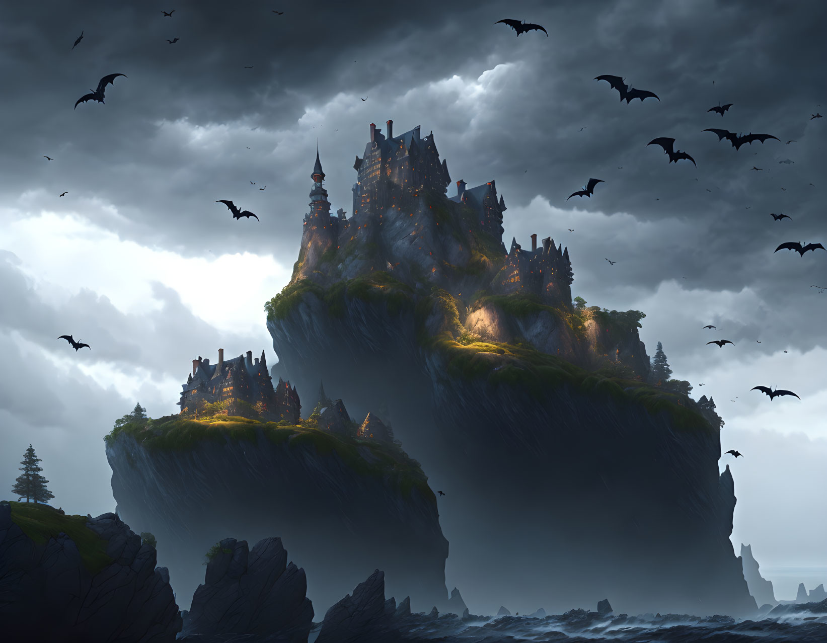 Foreboding castle on craggy cliff under stormy sky with bats.