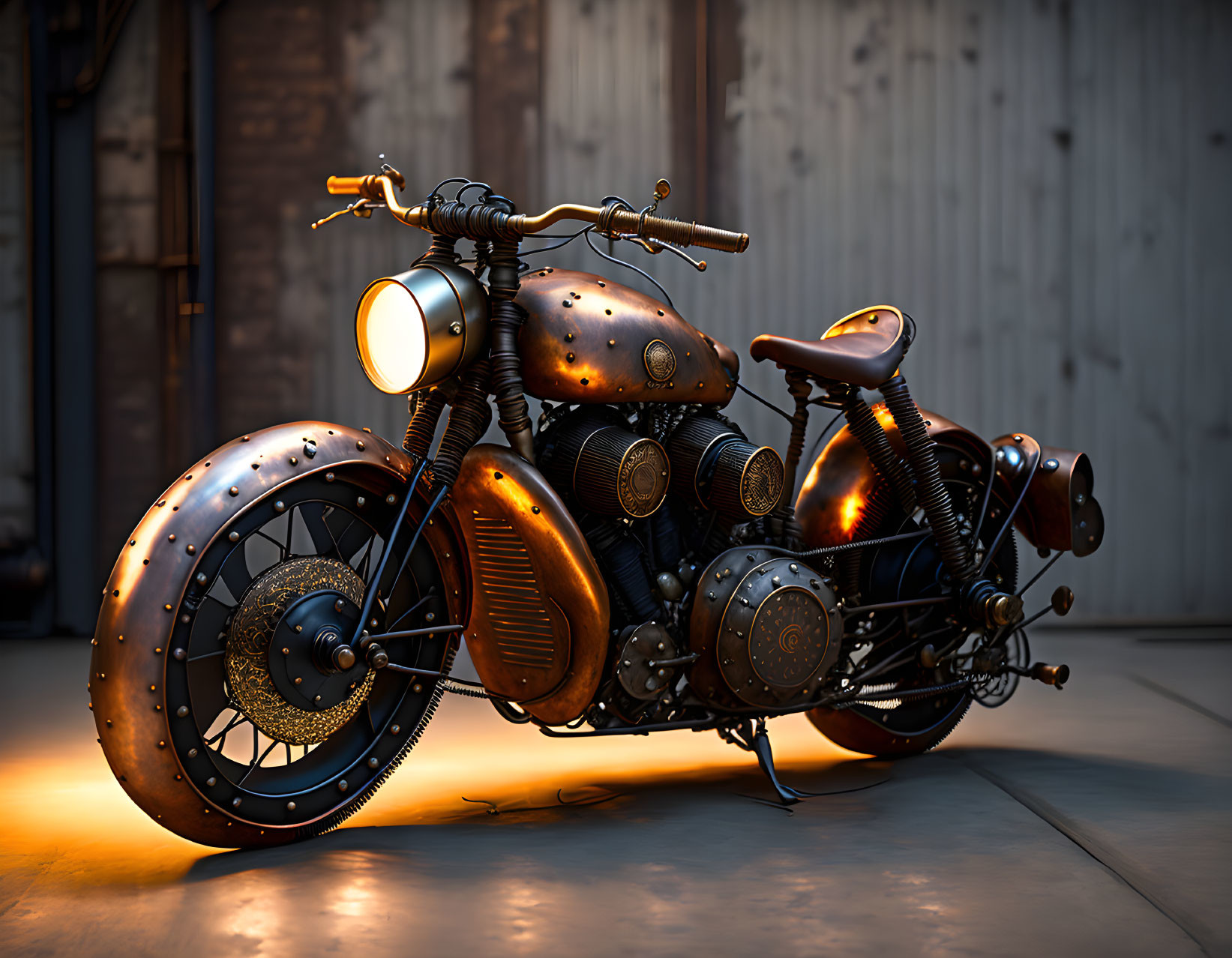 Steampunk Motorcycle with Copper and Brass Finishes in Warehouse Setting