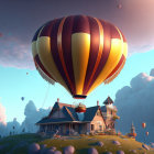 Colorful hot air balloons over quaint house in serene landscape