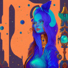 Colorful digital artwork: stylized woman with blue hair on abstract orange and teal backdrop