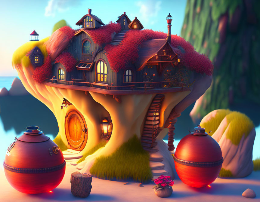 Animated Treehouse with Round Door, Red Roofs, Lanterns, and Balcony on Cliff