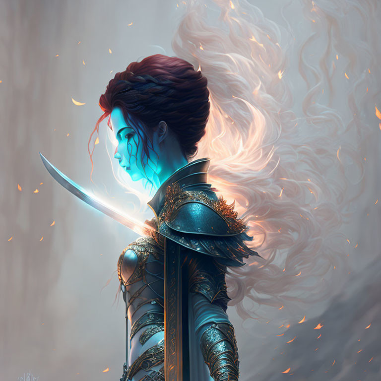 Warrior woman with glowing blue aura and sword amidst ethereal flames