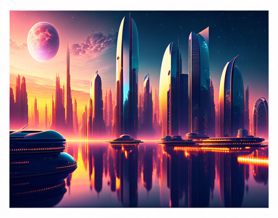 Futuristic cityscape at sunset with moon, skyscrapers, neon lights, and hovercraft