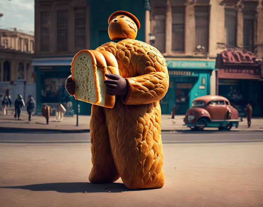 Person in Bread-Like Costume on Vintage Street with Bread Slice