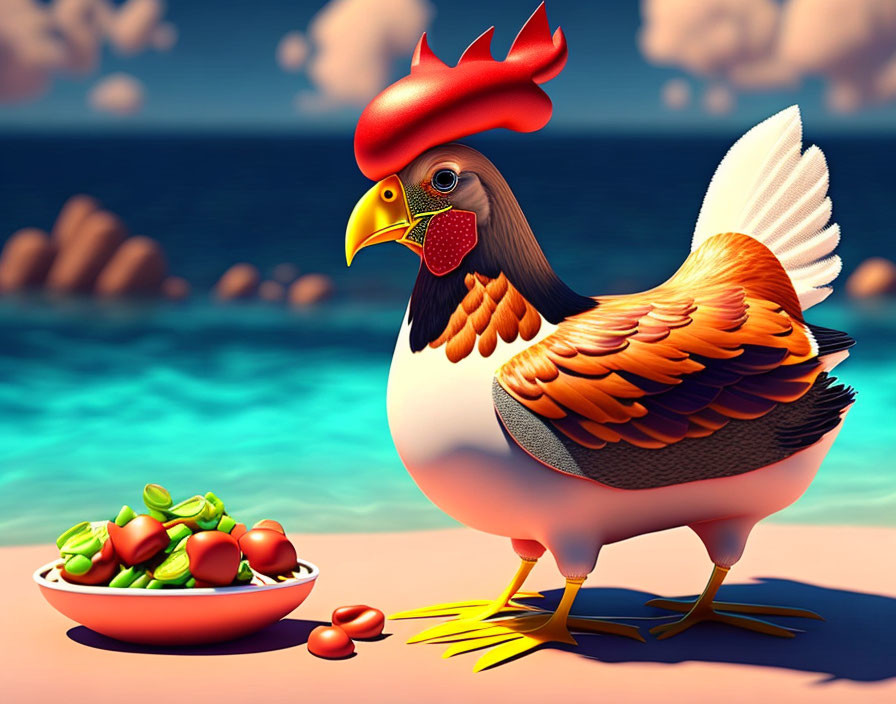 Whimsical chicken with human-like eyes and rooster features beside a bowl of tomatoes on a beach