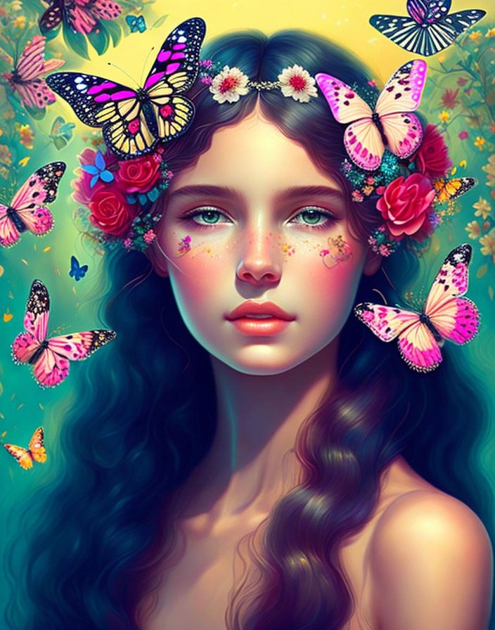 Portrait of a girl with green eyes, long wavy hair, adorned with butterflies and flowers, against