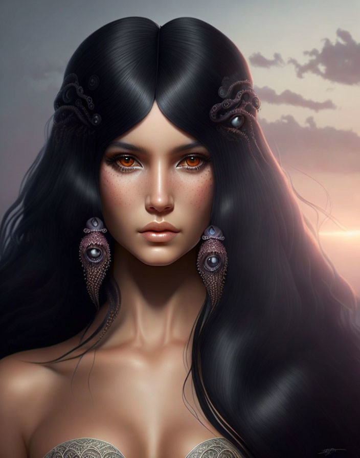 Digital portrait: Woman with long black hair, orange eyes, ornate jewelry, sunset background