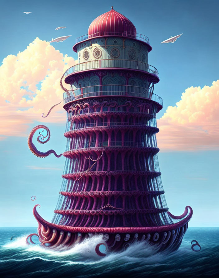 Whimsical multi-tiered lighthouse with tentacles in ocean setting