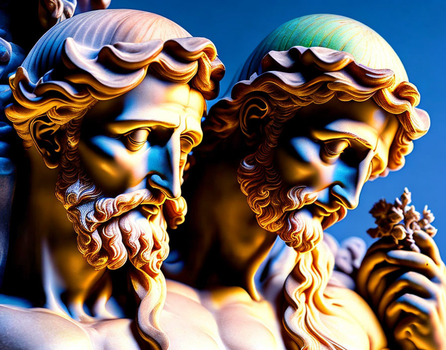 Classical sculptures with intricate hair and beards under blue-orange lighting