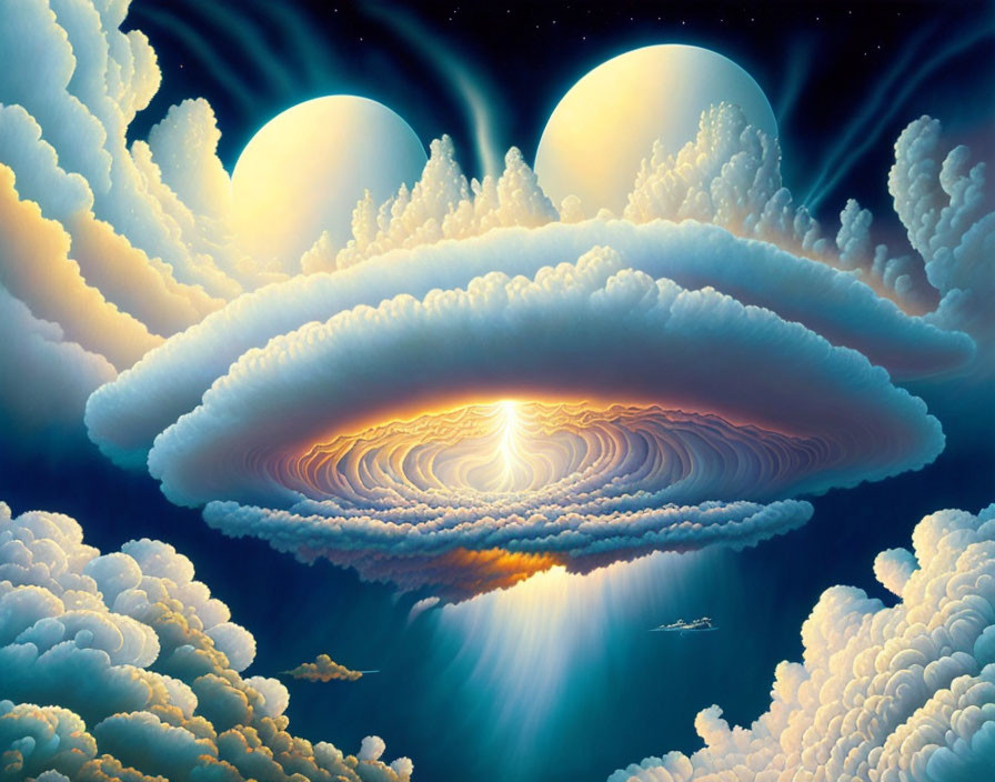 Surreal artwork of luminous vortex in cloudscape under twin moons