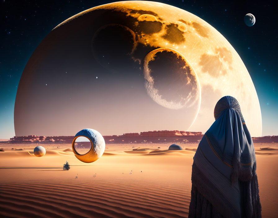 Person in Blue Cloak Gazes at Moon and Planets in Surreal Desert Sky