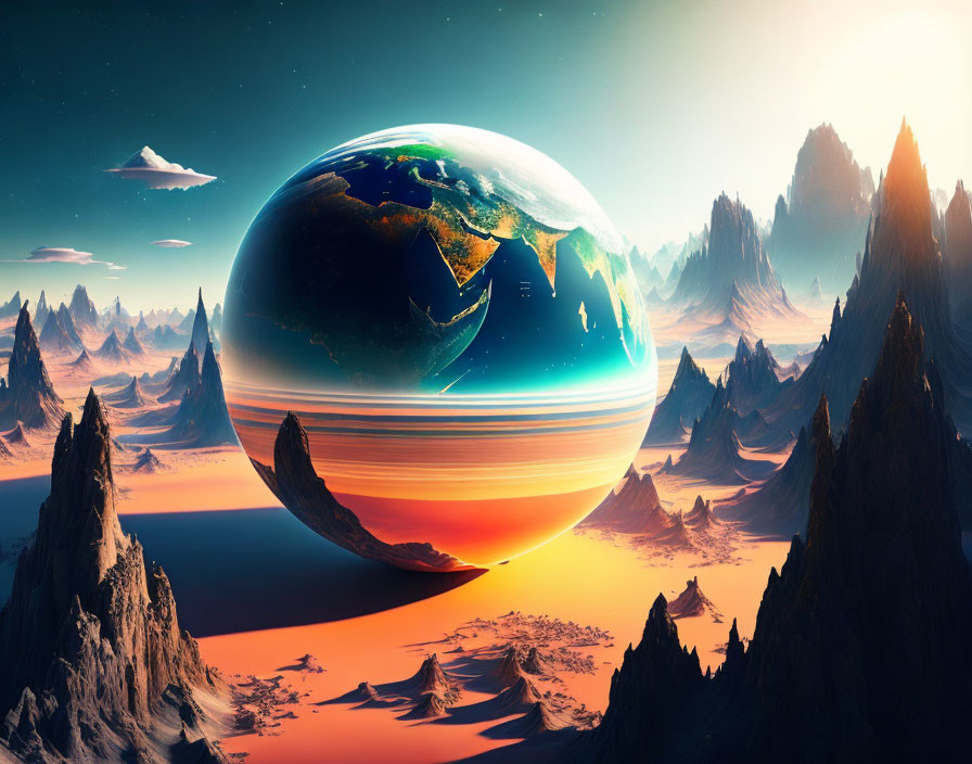 Fantastical landscape with jagged mountains and giant planet in sunset sky