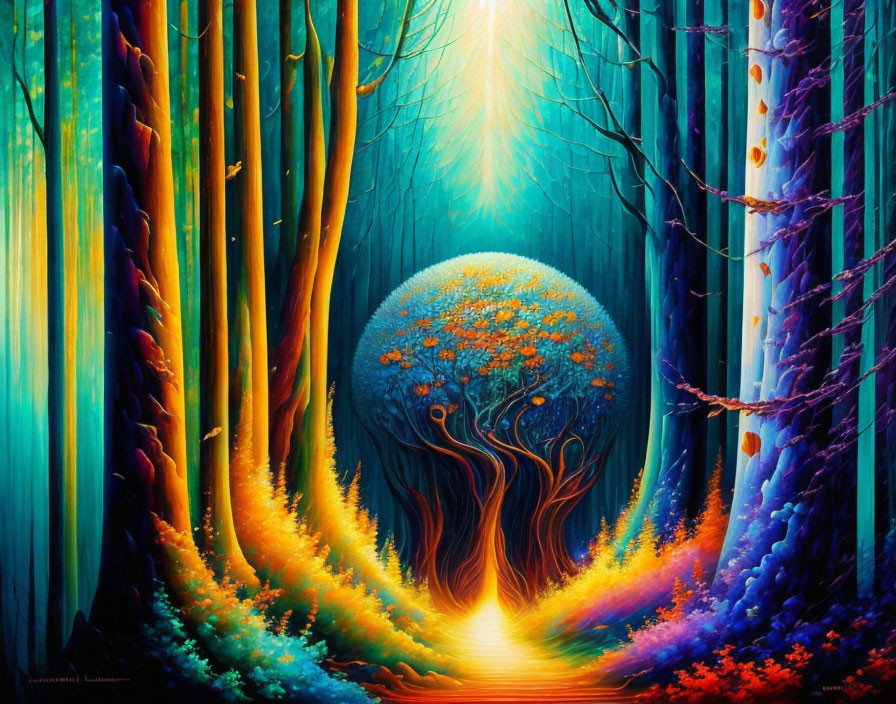 Colorful Forest with Glowing Pathway and Mystical Tree
