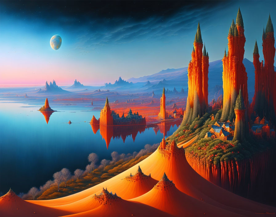 Surreal red rock landscape with lake, sand dunes, houses, and moon at dusk