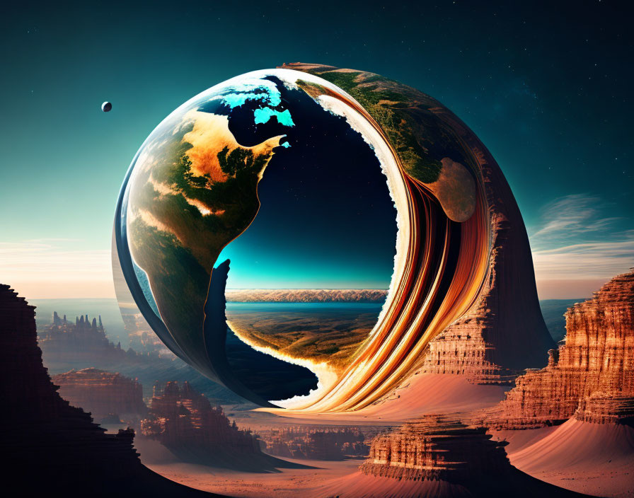 Surrealist landscape with hollow Earth, ocean, sky, desert, and moon