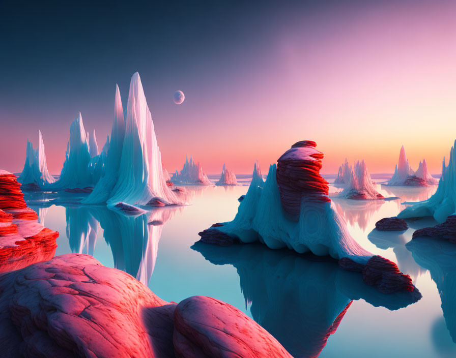Vibrant pink and blue surreal landscape with icy formations and crescent moon