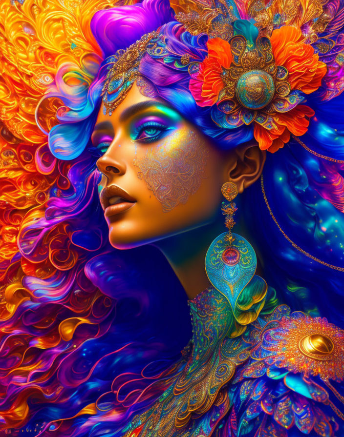 Colorful portrait of woman with blue skin, golden jewelry, and vibrant hair with orange flowers and intricate