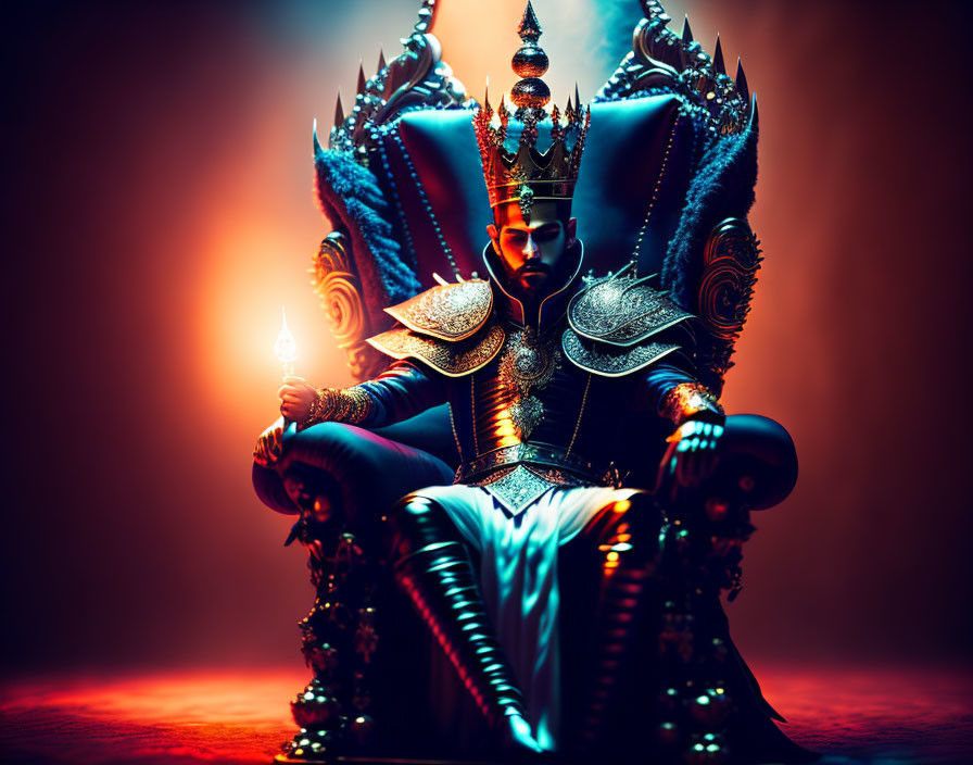 Regal figure in ornate armor on grand throne in mystical setting