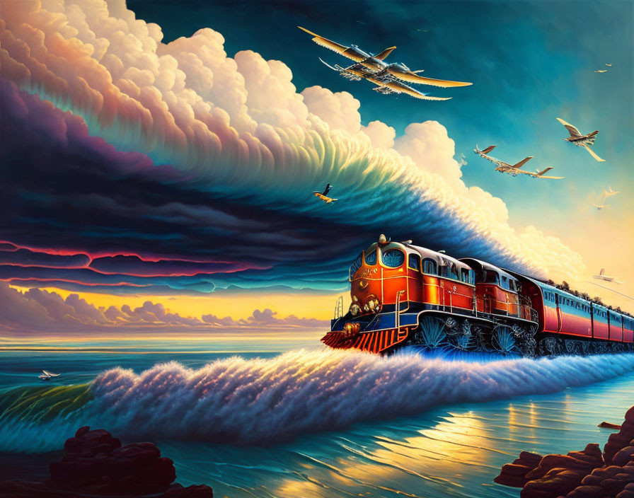 Colorful painting of red train on ocean with vintage planes under dramatic sky