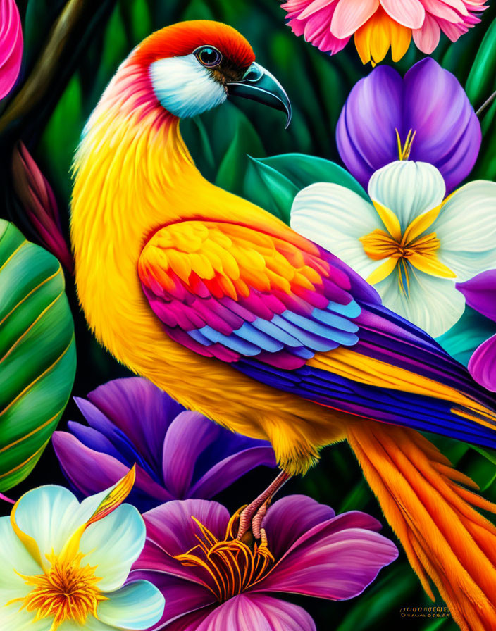 Colorful Bird Illustration Among Tropical Flowers in Vibrant Hues