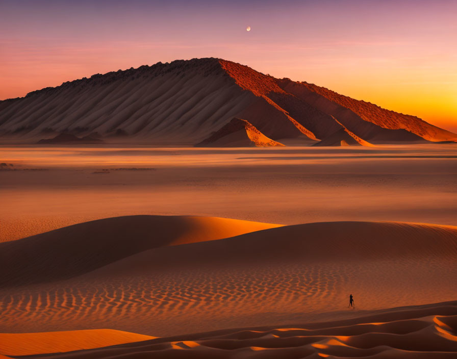 Figure Walking on Sand Dunes Under Sunset Sky