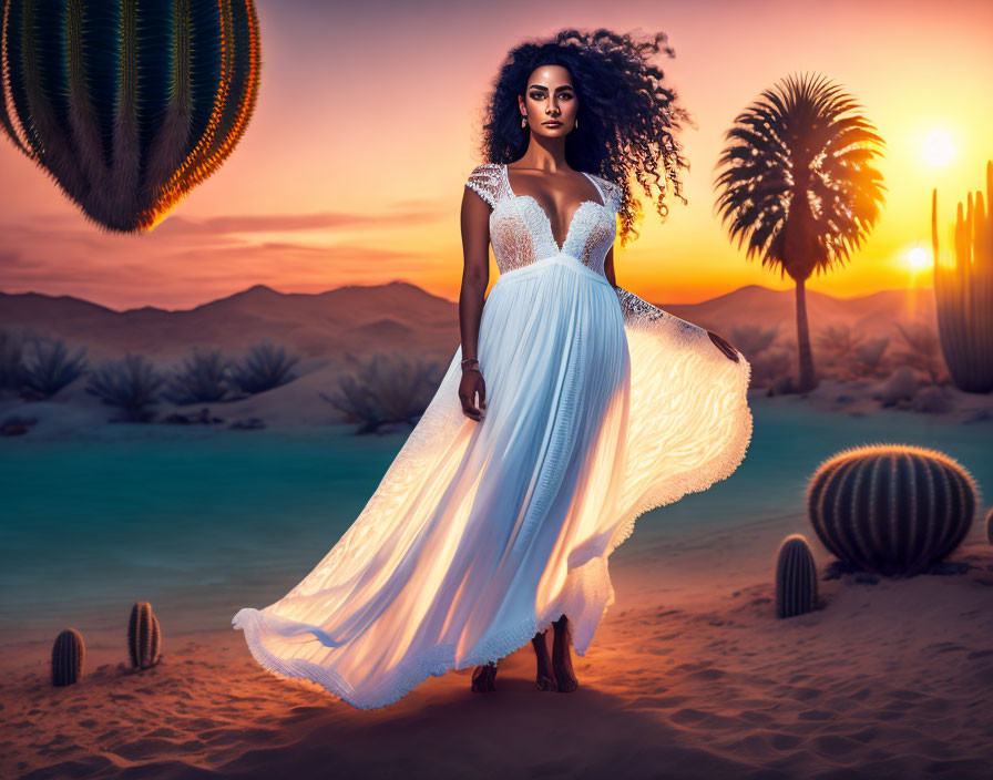 Woman in flowing white dress in desert sunset with cacti and palm trees