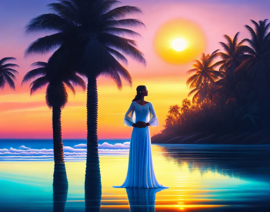 Woman in white dress by tranquil sea at sunset with palm trees.