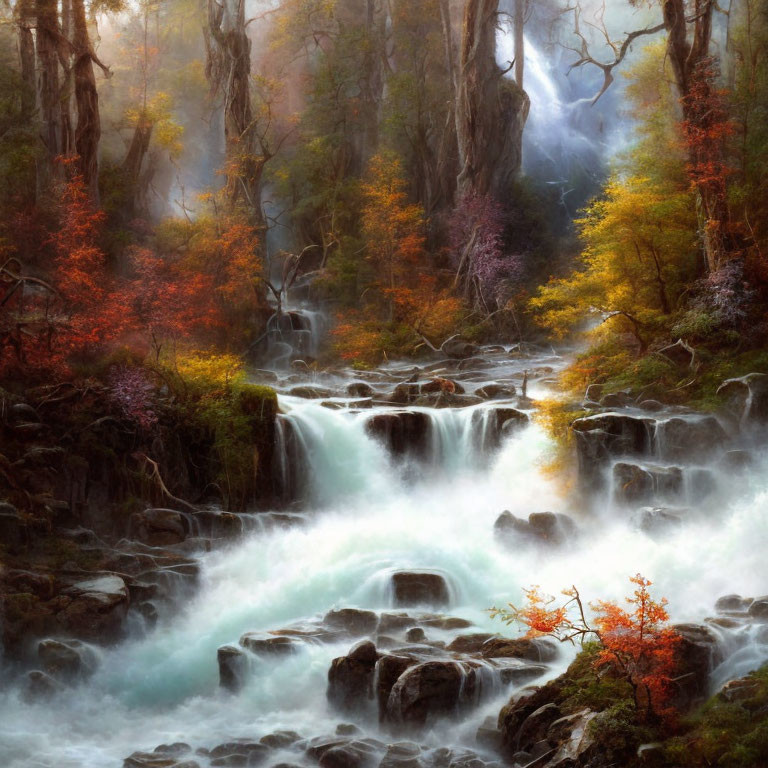 Tranquil waterfall scene with autumn trees and misty ambiance