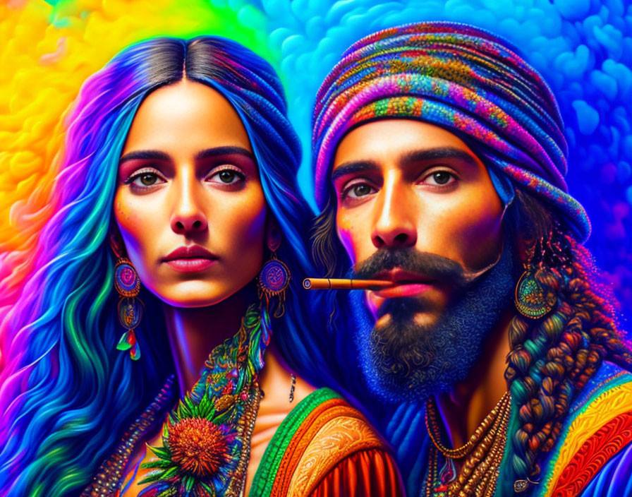 Colorful portrait of woman with gradient hair and man in turban against psychedelic backdrop