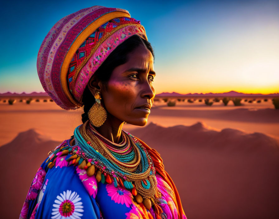 Colorful Traditional Attire Woman in Desert Sunset Profile