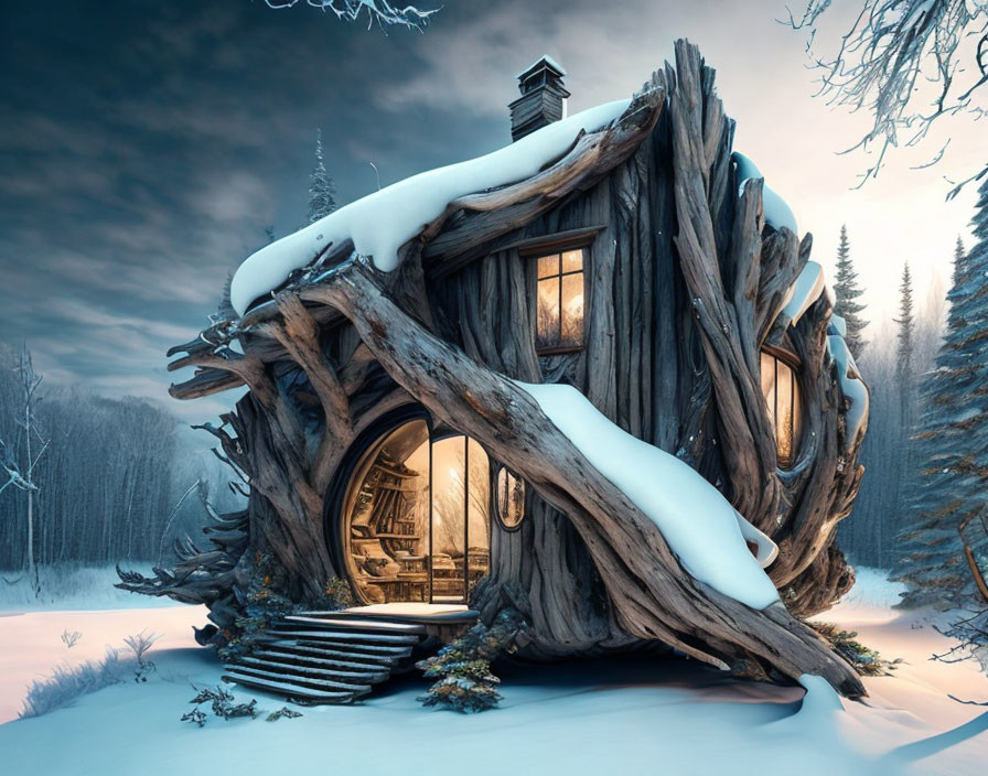 Whimsical wooden house with round windows in snowy dusk landscape