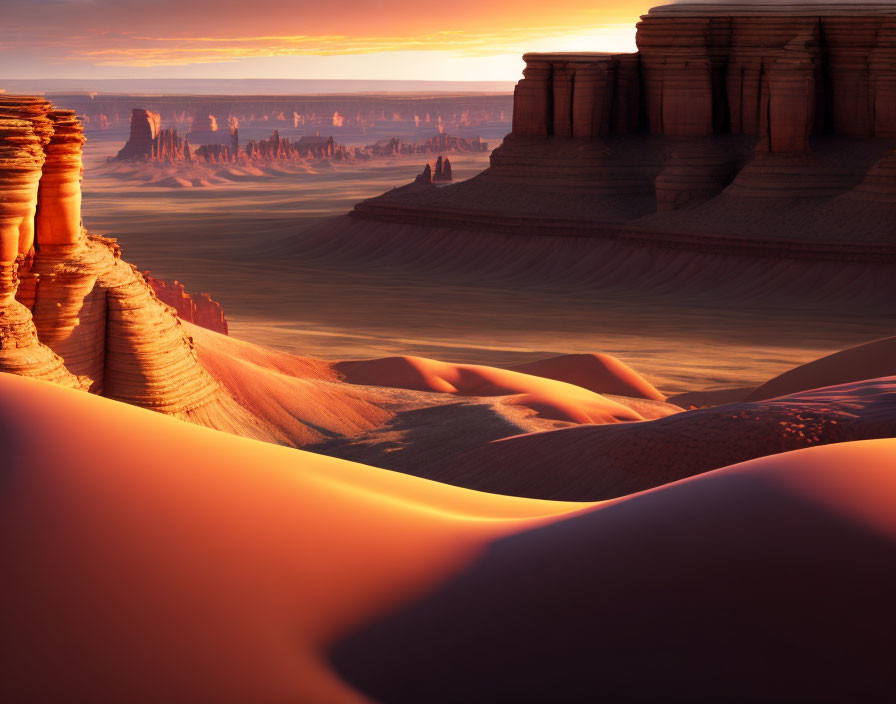 Golden hour desert landscape with sand dunes and rock formations under warm sky