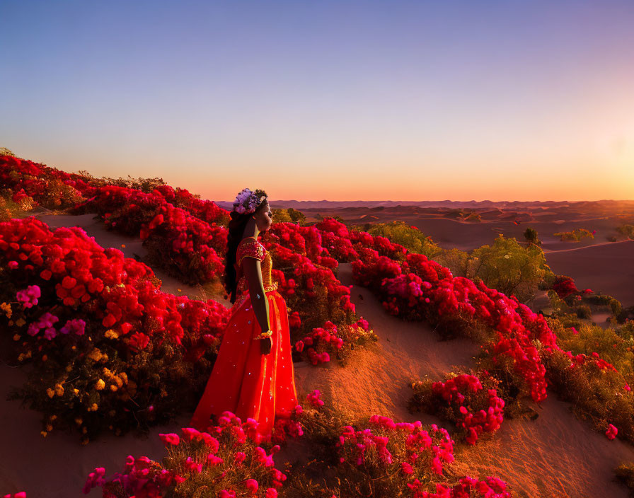 Person in Red Dress with Floral Crown Surrounded by Red Flowers in Desert Sunset
