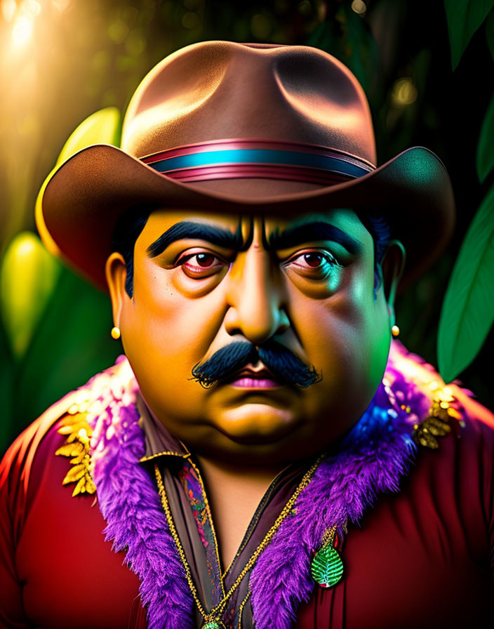 Vibrant illustration of stern-faced man in hat and colorful attire against tropical backdrop