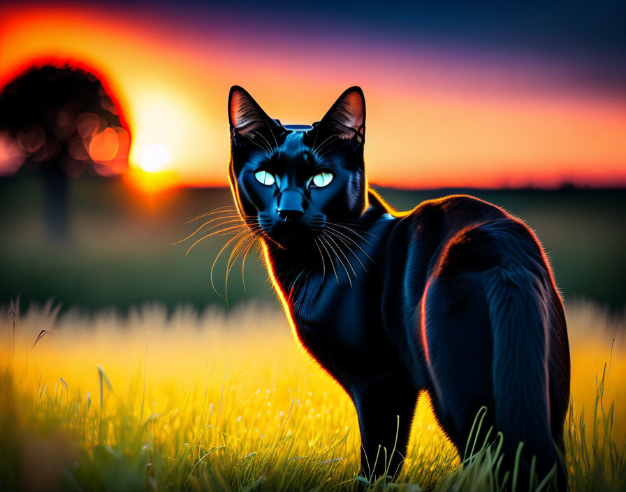 Striking black cat with blue eyes in sunset field