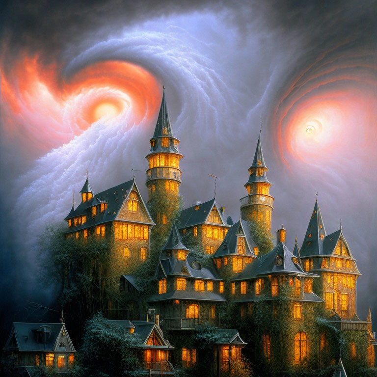 Majestic fantasy castle under swirling vortex clouds