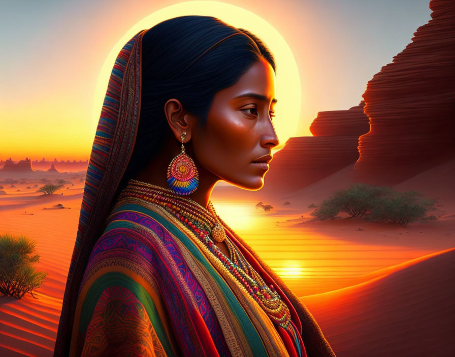 Woman adorned with intricate jewelry in desert sunset setting with sand dunes and sparse trees.