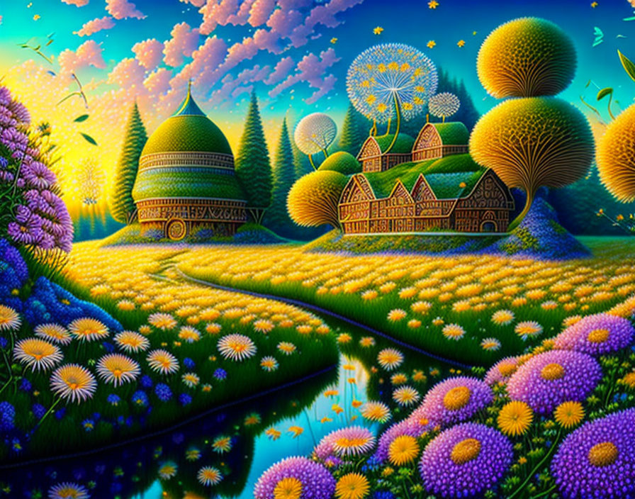 Fantasy landscape with whimsical houses, Ferris wheel, lush greenery, and starlit sky