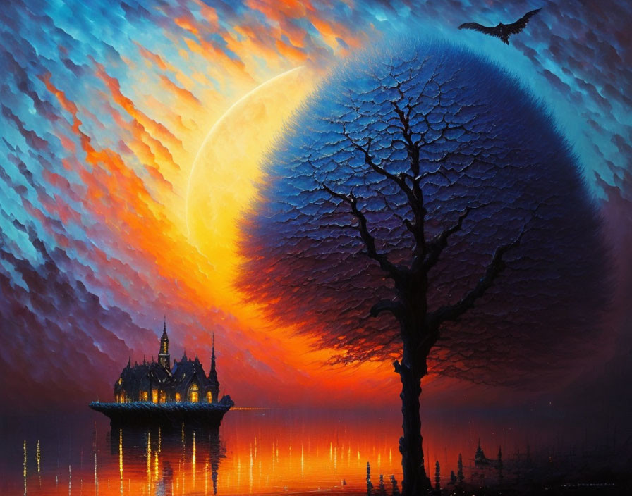 Majestic tree silhouette in vibrant sky with castle, moon, and bird