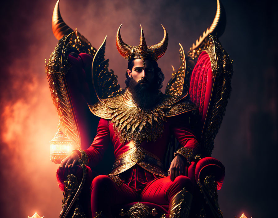 Golden-armored figure with horns holding lantern on throne in dark setting