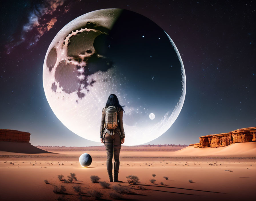 Person in desert looking at huge moon and planet in night sky