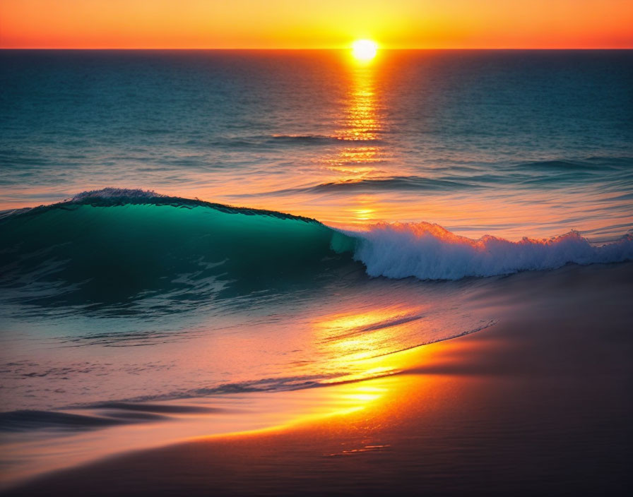 Scenic ocean sunset with sun reflecting on water and cresting wave