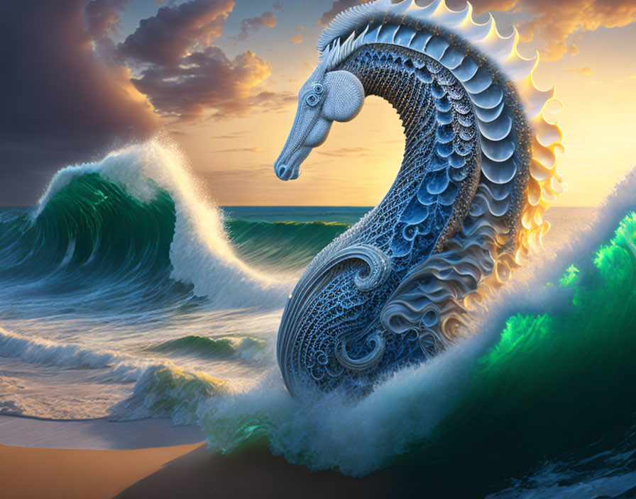 Intricate seahorse sculpture in ocean waves at sunset