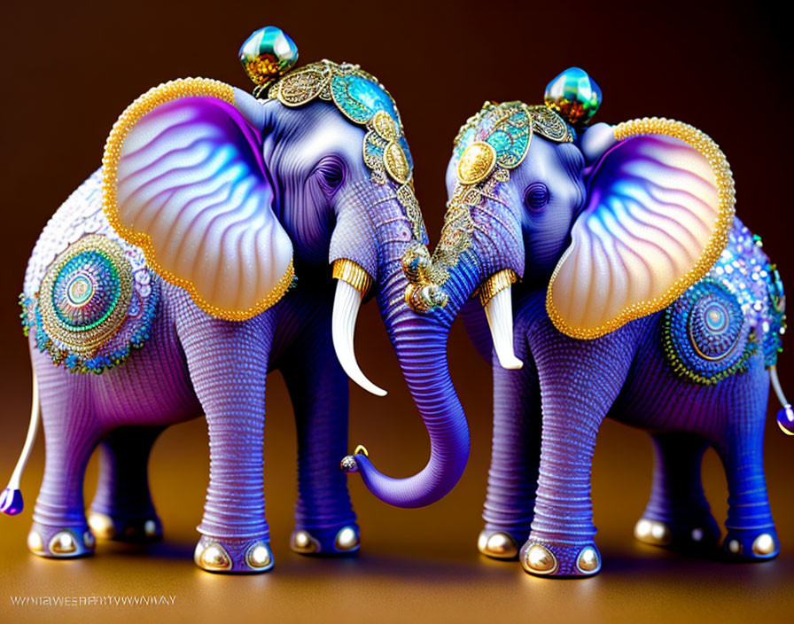 Vibrant ornate elephants with intricate designs and jewels
