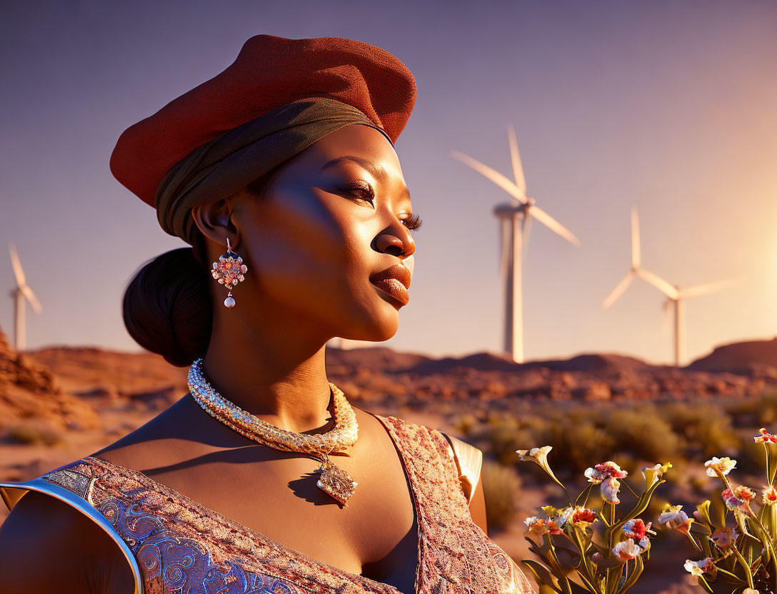 Woman in red hat and elegant dress with wind turbines in desert sunset.