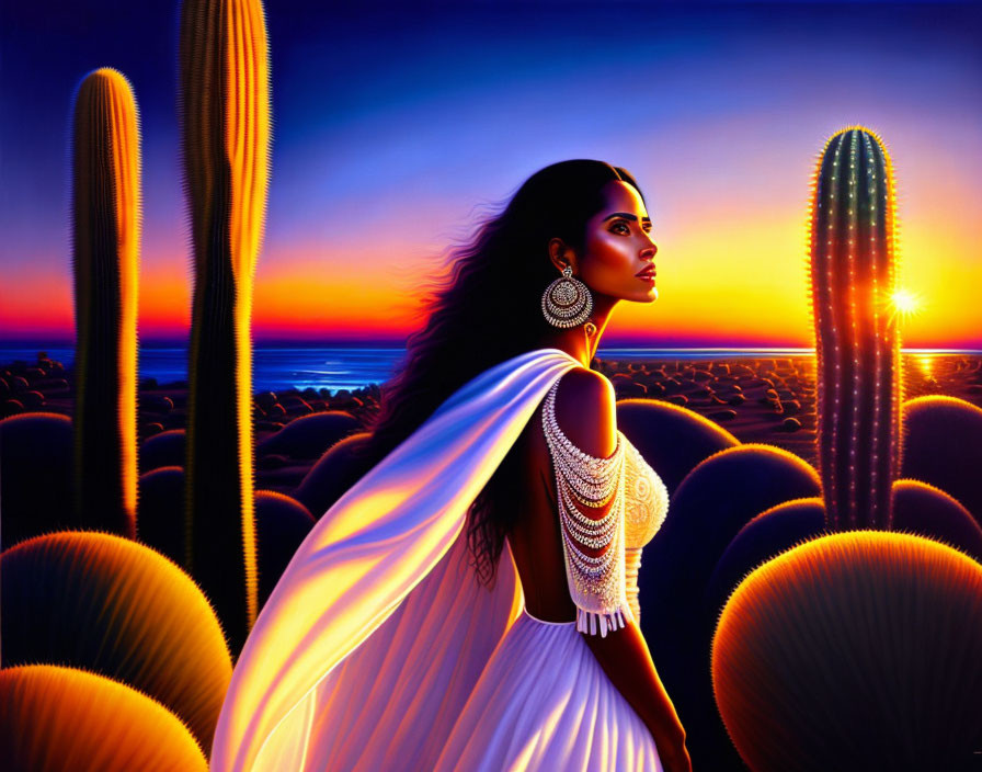 Woman in White Beaded Dress Watching Desert Sunset