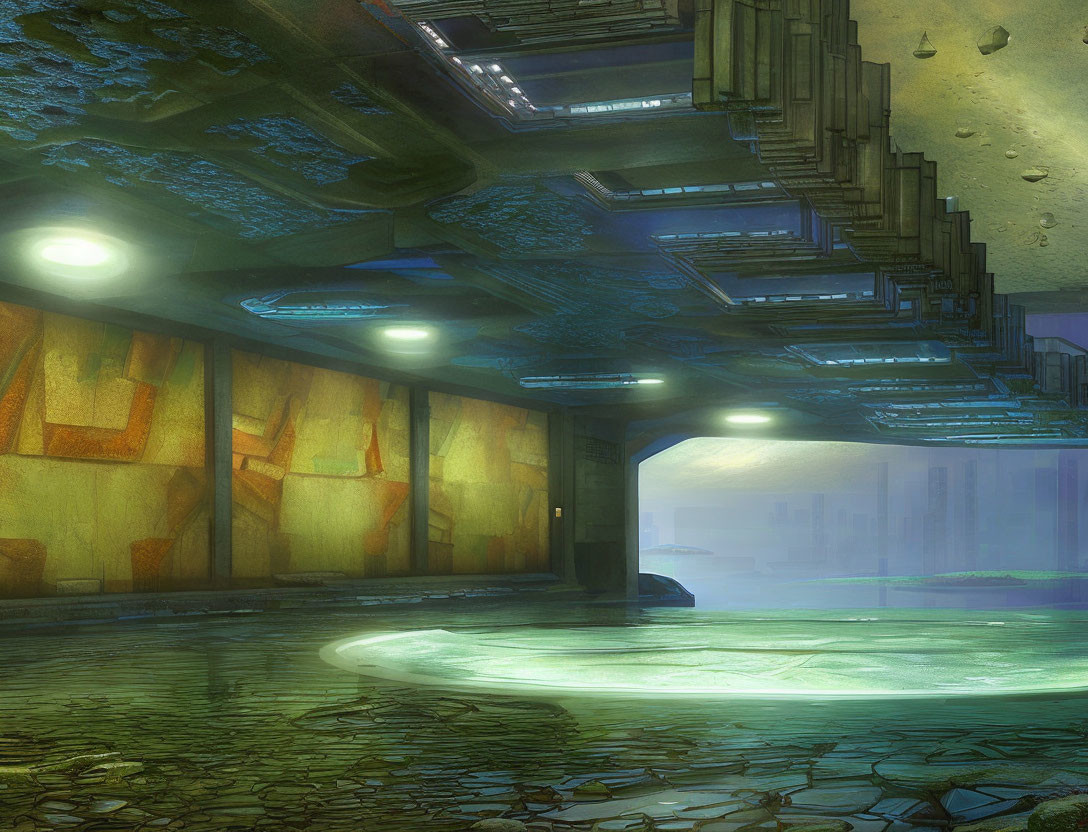 Futuristic underground chamber with glowing lights and metallic structures